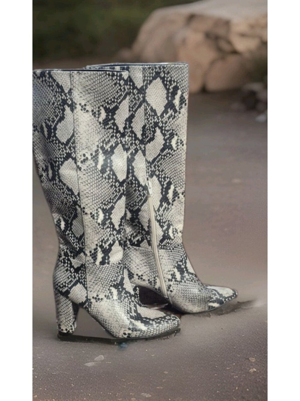 A New Day Knee High Faux Black/Cream Snake Skin Block Heel Boots Size 7.5 - Picture 3 of 8